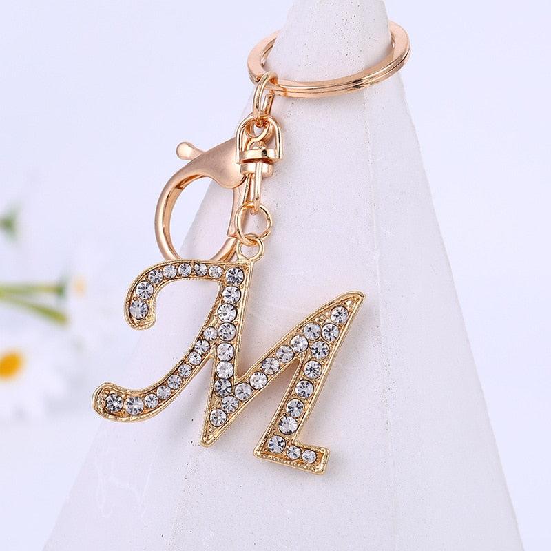Women Keychain Alphabet Letter Rhinestone Gold Color Key Ring Charm Key Chain Accessories Purse Charms for Handbags Crystal Alphabet Initial Letter Pendant with Key Ring Female Car Bag Keyring Holder