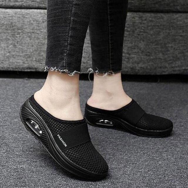 Women Mesh Lightweight Shoes Modern Clogs Female Air Cushion Sandals Thick Bottom Sneakers Air Cushion Slip-On Walking Shoes Breathable Casual Outdoor Walk Sneakers With Arch Support