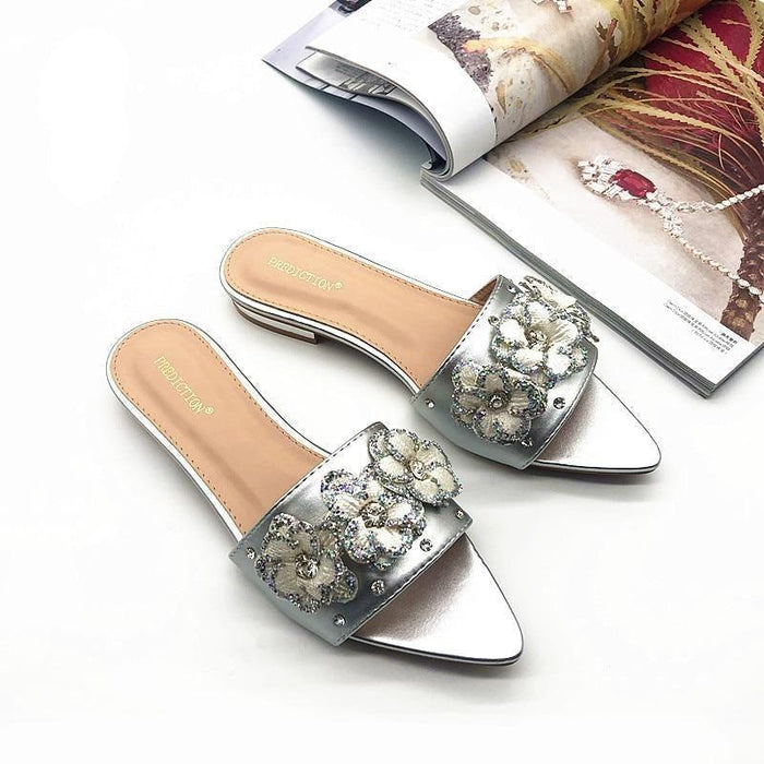 Women's Fashion Slippers Flat Shoes Women's Flower Flats Rhinestone Wedding Shoes Foldable Comfort Slip On Flat Linen Women's Luxury Slippers Flower Slippers Home Shoes Indoor Outdoor Non-Slip Light Weight Shoes