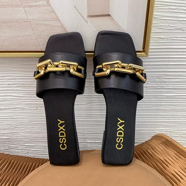 Women Sandals Design Gold Chain Closed Toe Slip On Mules Shoes Flat Heels Square Head Casual Slides Summer Slippers Open Toe Flat Sandals Metal Chain PU Leather Slides Shoes