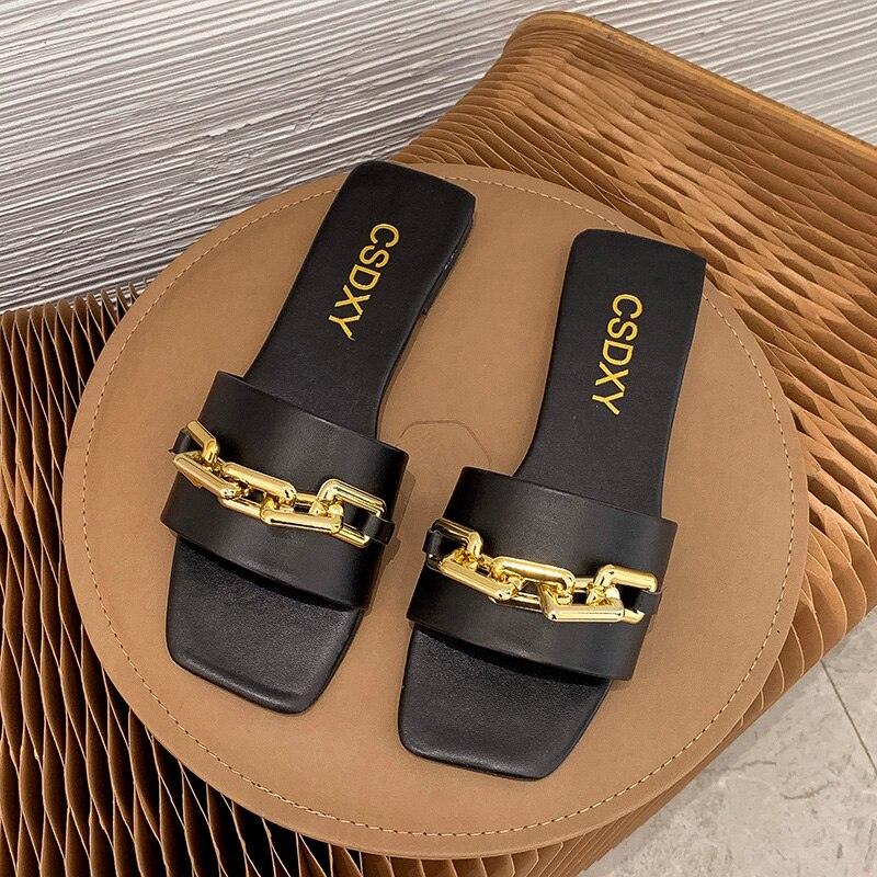 Women Sandals Design Gold Chain Closed Toe Slip On Mules Shoes Flat Heels Square Head Casual Slides Summer Slippers Open Toe Flat Sandals Metal Chain PU Leather Slides Shoes