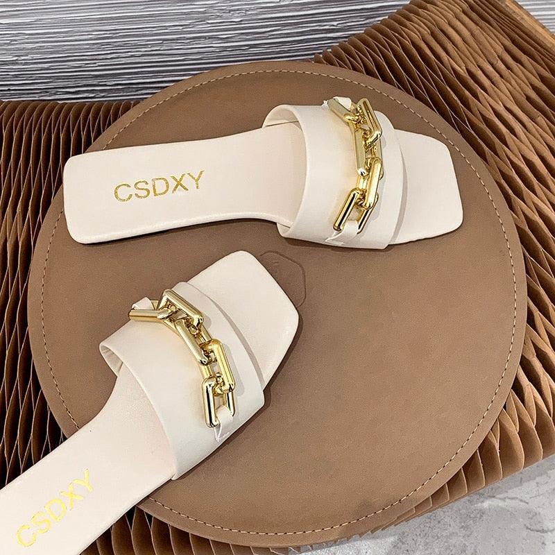 Women Sandals Design Gold Chain Closed Toe Slip On Mules Shoes Flat Heels Square Head Casual Slides Summer Slippers Open Toe Flat Sandals Metal Chain PU Leather Slides Shoes