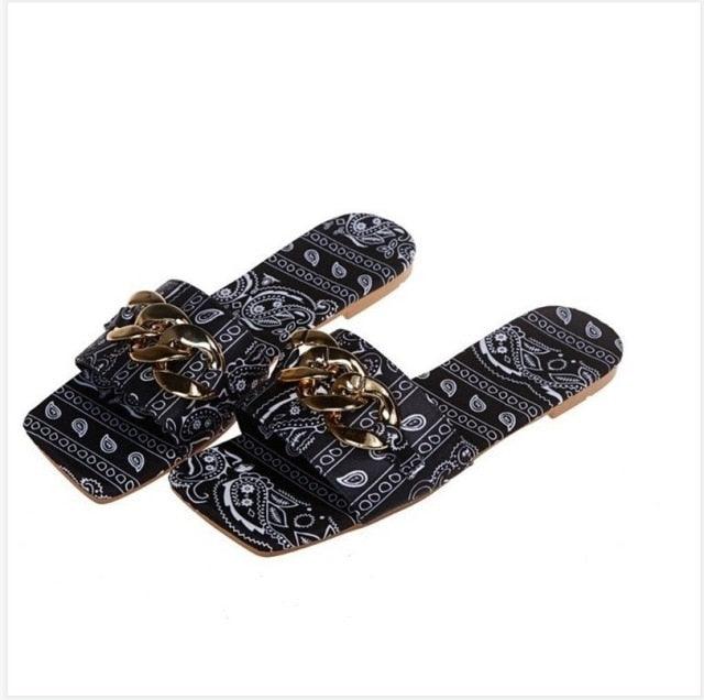 Women Slipper Sandals Gold Chain Closed Toe Slip On Flat Heels Square Head Casual Slides Flip Flop Chunky Heel Mules Open Toe Slip On Dress Backless High Heels Slides Slippers