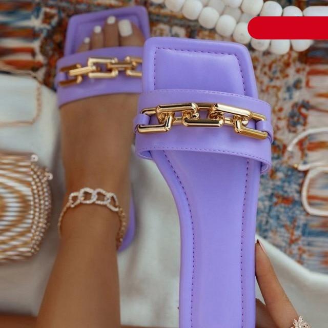 Women Slipper Sandals Gold Chain Closed Toe Slip On Flat Heels Square Head Casual Slides Flip Flop Chunky Heel Mules Open Toe Slip On Dress Backless High Heels Slides Slippers