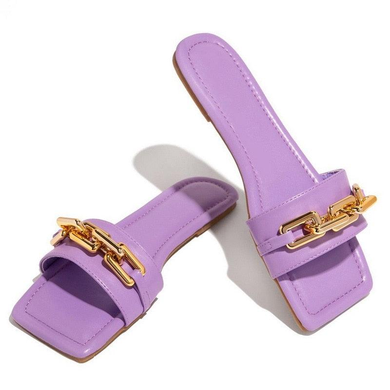 Women Slipper Sandals Gold Chain Closed Toe Slip On Flat Heels Square Head Casual Slides Flip Flop Chunky Heel Mules Open Toe Slip On Dress Backless High Heels Slides Slippers