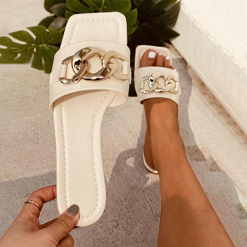 Women Slipper Sandals Gold Chain Closed Toe Slip On Flat Heels Square Head Casual Slides Flip Flop Chunky Heel Mules Open Toe Slip On Dress Backless High Heels Slides Slippers