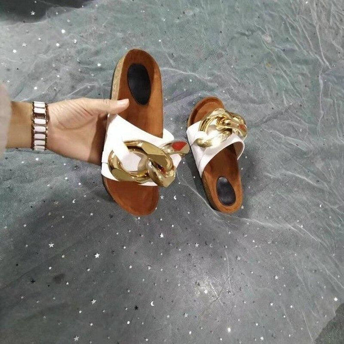 Women Slippers Metal Chain Leather Flat Slippers Women Fashion Casual Shoes Runway Half Women Flat Slide Sandals Slip On Open Toe Sandals Casual Style Slippers
