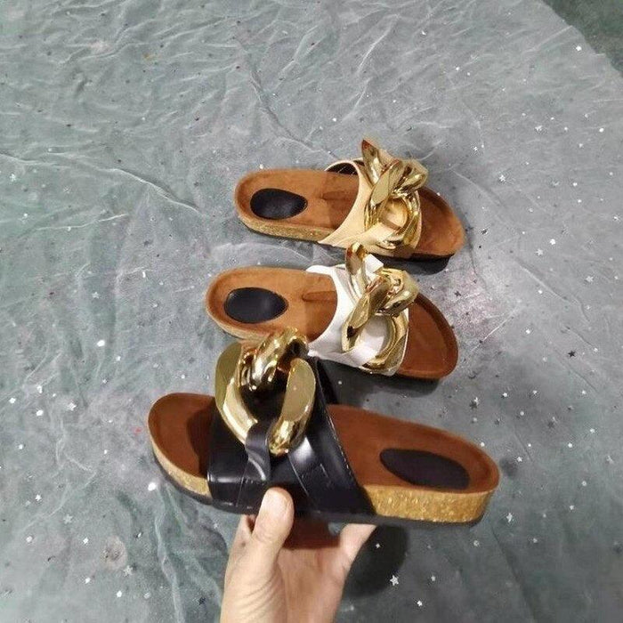 Women Slippers Metal Chain Leather Flat Slippers Women Fashion Casual Shoes Runway Half Women Flat Slide Sandals Slip On Open Toe Sandals Casual Style Slippers