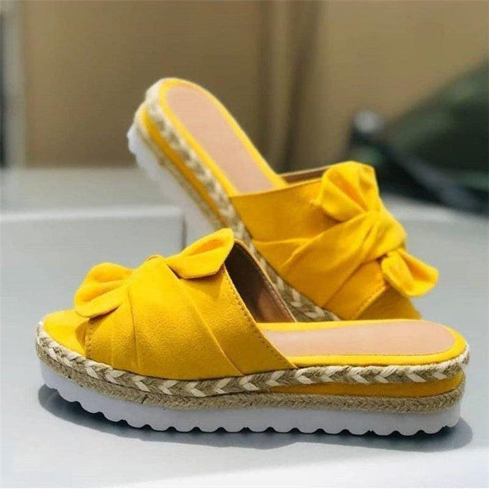 Women Summer Platform Mid Heels Bow Tie Open Toe Fashion Slides Beach Outdoor Shoes Knotted Bow Flat Footbed Sandals For Ladies Open Toe Casual Summer Slide Sandals
