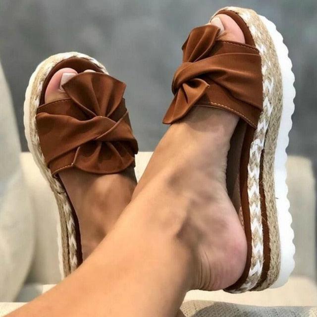 Women Summer Platform Mid Heels Bow Tie Open Toe Fashion Slides Beach Outdoor Shoes Knotted Bow Flat Footbed Sandals For Ladies Open Toe Casual Summer Slide Sandals
