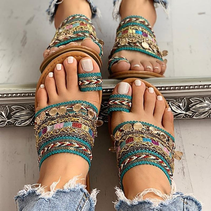 Women Summer Style Beautiful Flat Slippers Casual Comfortable Beach Women Sandals Strappy Flat Open Toe Ring Sandals Wide Comfortable Leather Shiny Sandals