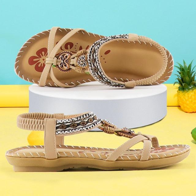 Women Summer Vintage Shoes Sandals Butterfly-knot Rhinestone Slides Elastic Band Sandal Comfort Flats Sandals With Elastic Ankle Strap Casual Rhinestone Shoes Beach Slip On Sandals