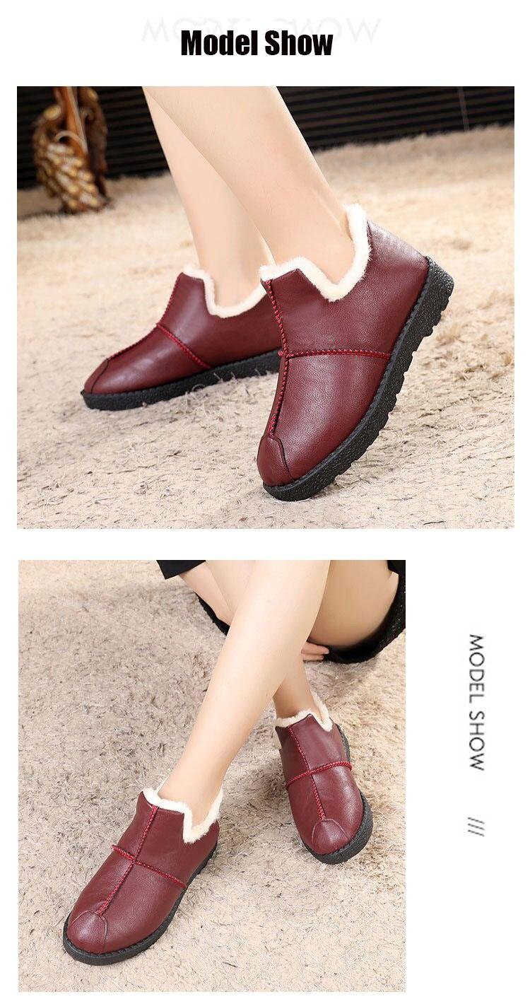Women Winter Warm Luxury Shoes Waterproof Plush Leather Cotton Shoes Daily Home Non-slip Soft Sole Plush Lining Shoes Warm Fur Lined Booties Lace Up Flat Platform Elegant Comfortable Black Shoes