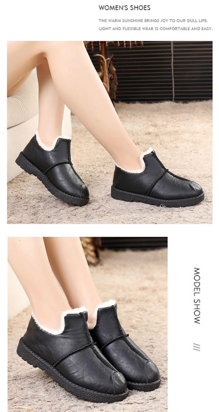 Women Winter Warm Luxury Shoes Waterproof Plush Leather Cotton Shoes Daily Home Non-slip Soft Sole Plush Lining Shoes Warm Fur Lined Booties Lace Up Flat Platform Elegant Comfortable Black Shoes