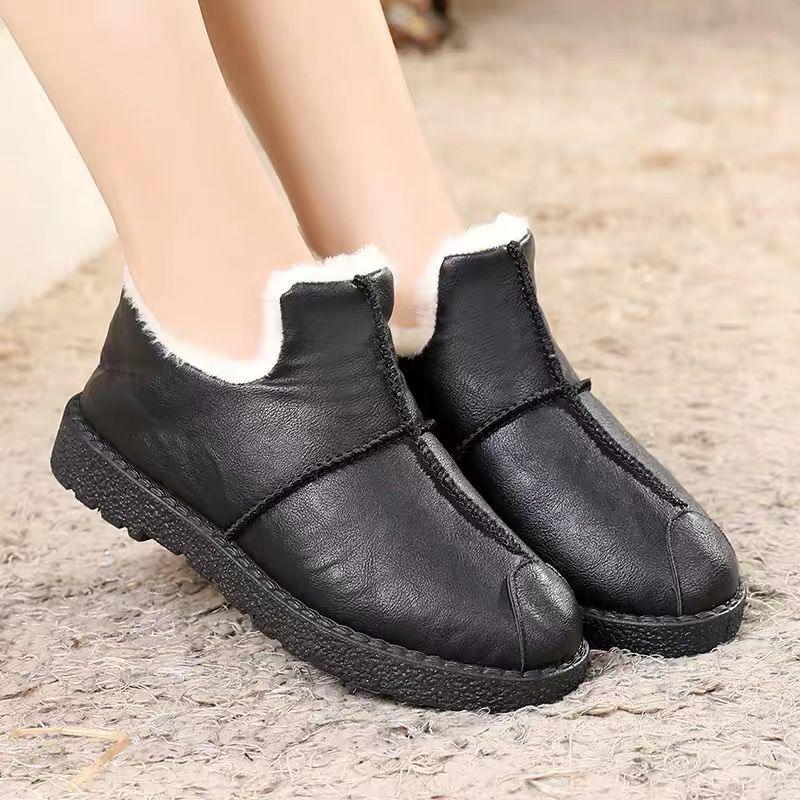 Women Winter Warm Luxury Shoes Waterproof Plush Leather Cotton Shoes Daily Home Non-slip Soft Sole Plush Lining Shoes Warm Fur Lined Booties Lace Up Flat Platform Elegant Comfortable Black Shoes