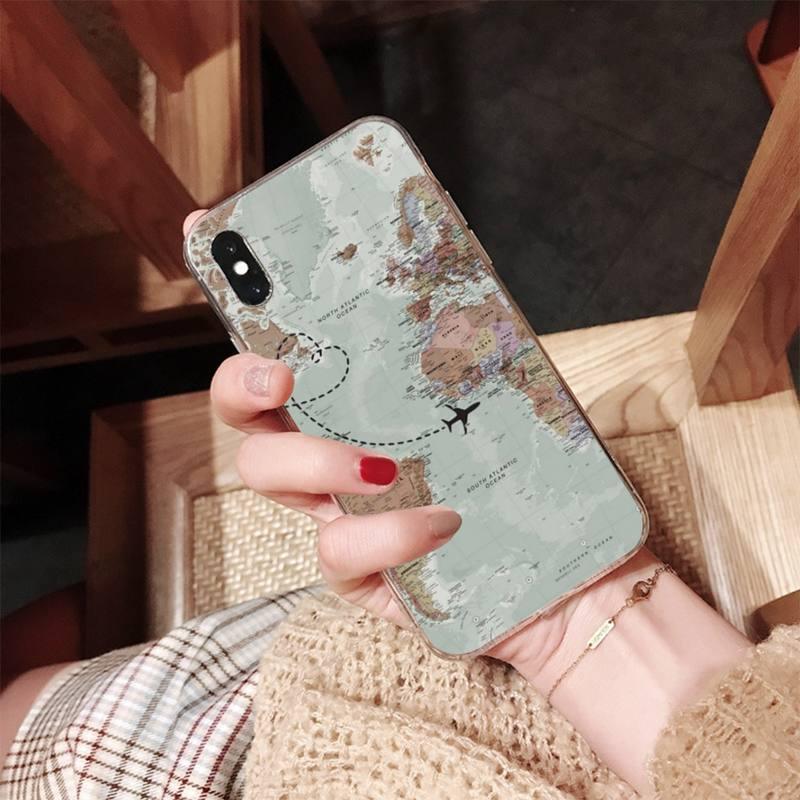 World Map Travel Phone Case for iPhone 11 12 13 Mini Pro Max 8 7 6 6S Plus X 5 SE XR XS Case shell Clear Cute Women Luxury Heart Clear Slim Thin Silicone Bumper Hard Back Protective Phone Case for iPhone