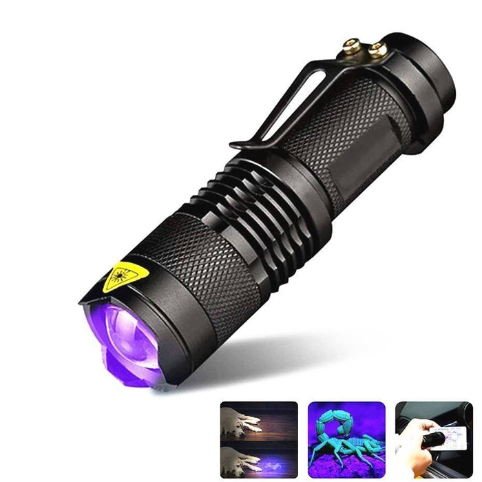 Zoomable UV 365nm light Blacklight Ultraviolet Flashlight LED Portable Mini Handheld Torch Detector Flashlight Torch Mini Flash Light For Pet Urine Stains Detector Scorpion Anti-counterfeiting Identification Resin Curing